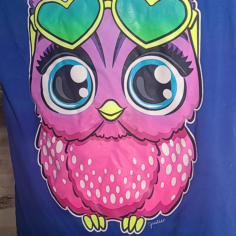 Justice Girls 14 sparkly glitter Owl short sleeve bright blue Tshirt